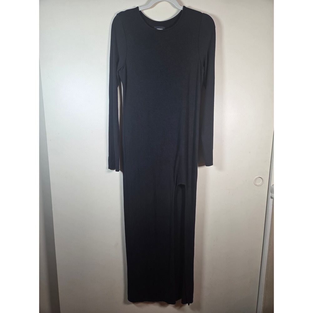 Twenty Maxi Dress Womens Black Long Sleeve High Slit Modal NV5C-033 Minimalist